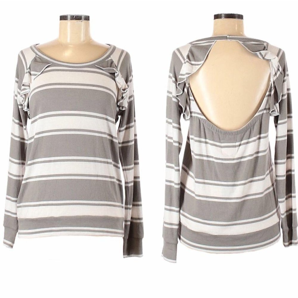 Chaser Love Knit Open Back Ruffle Striped L/S Top Gray White M NWT